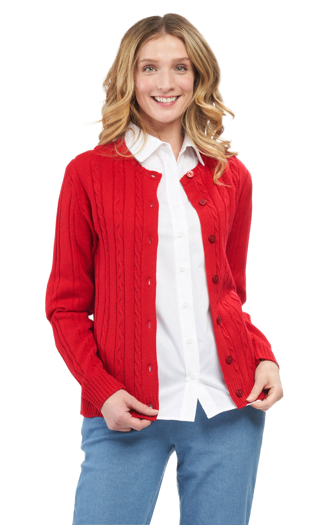 Cárdigan clásico de punto trenzado con botones para mujer de acrílico suave