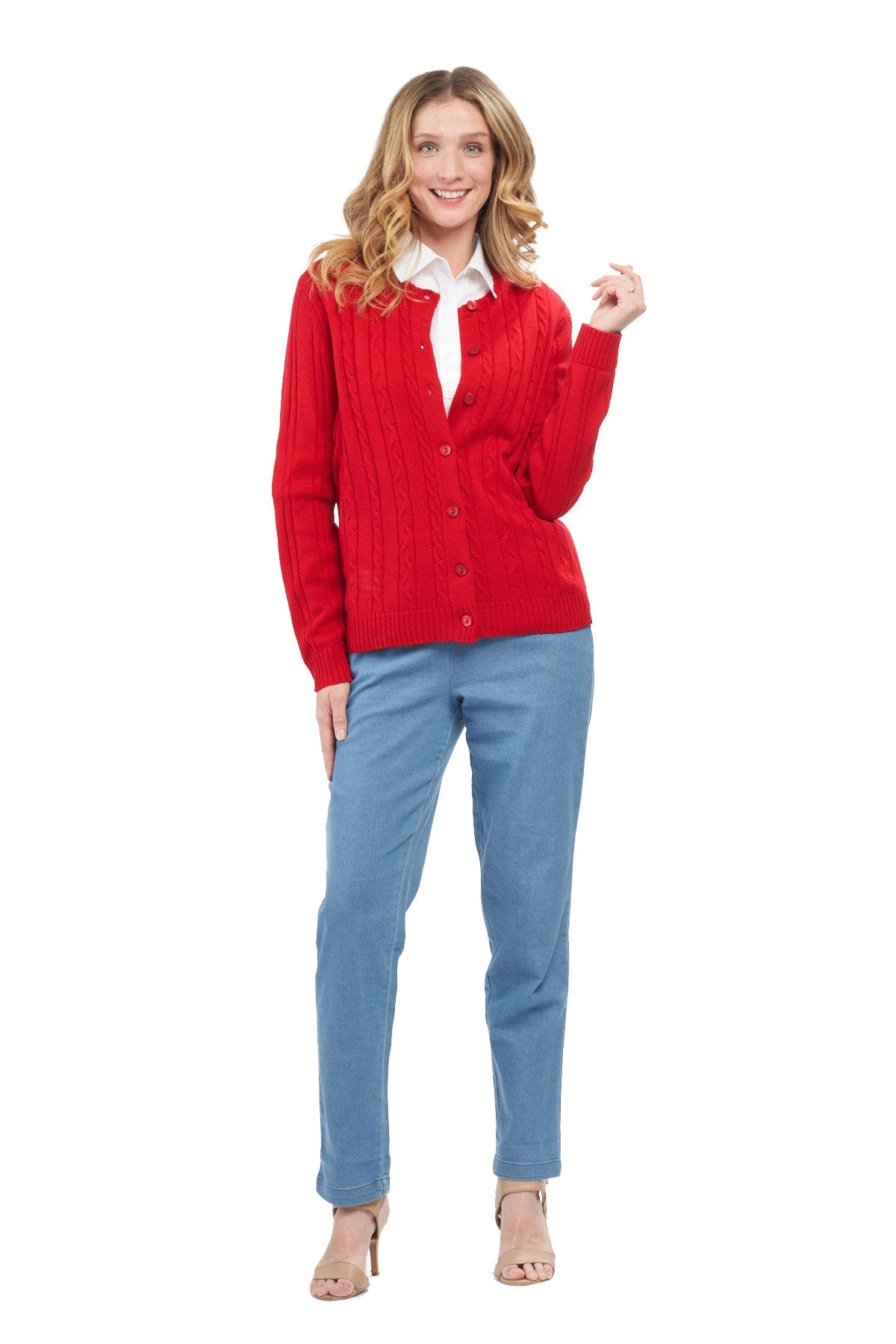 Cárdigan clásico de punto trenzado con botones para mujer de acrílico suave