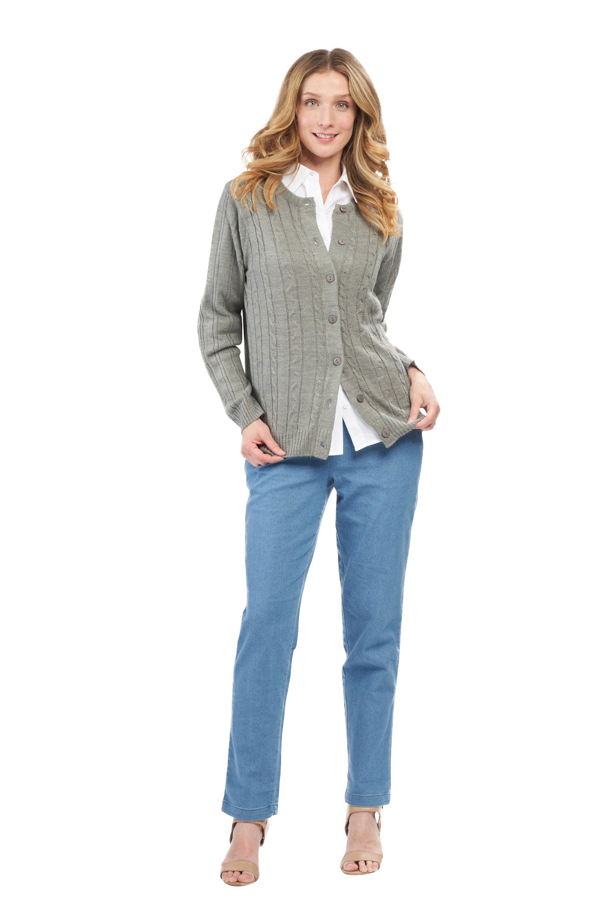Cárdigan clásico de punto trenzado con botones para mujer de acrílico suave