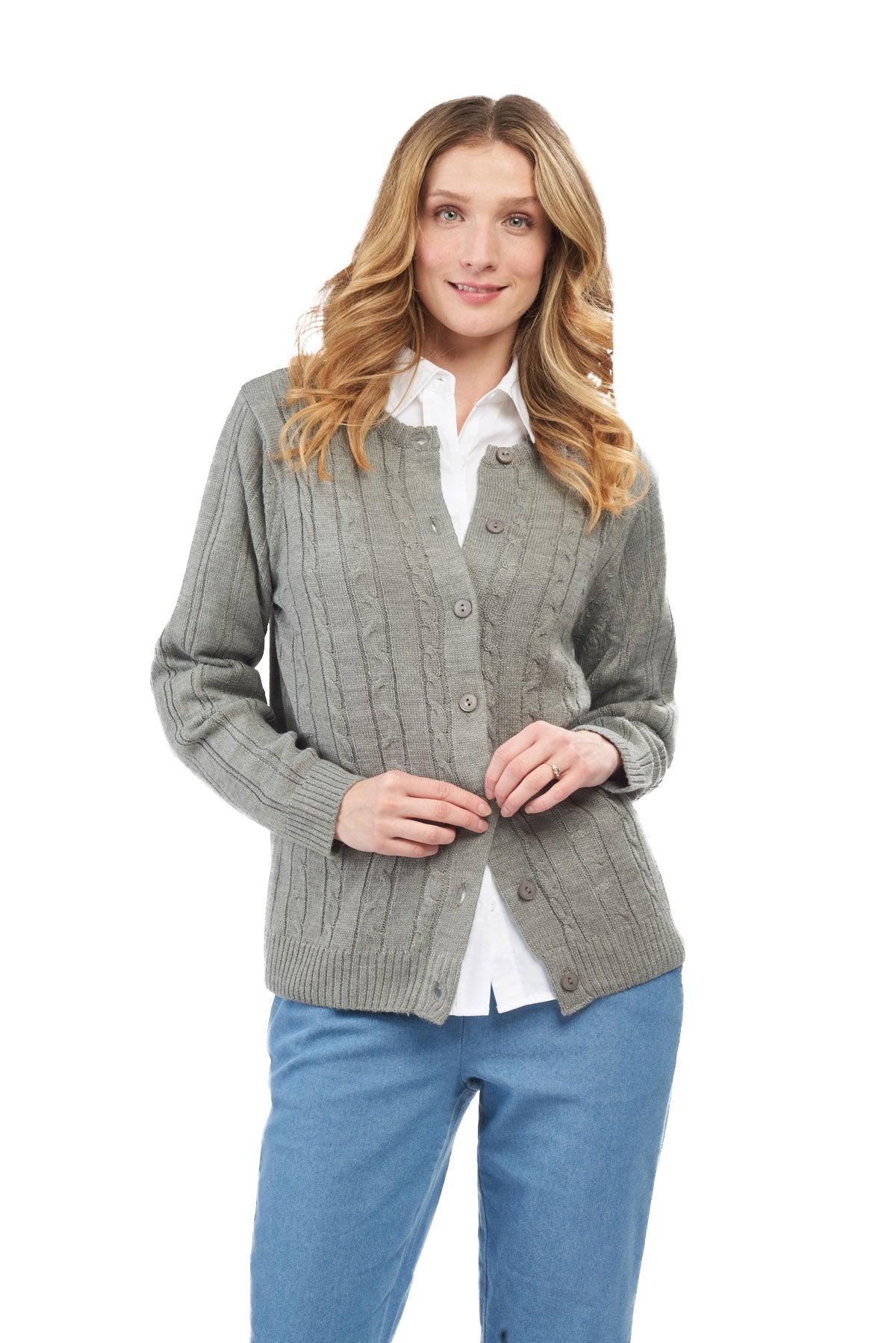 Cárdigan clásico de punto trenzado con botones para mujer de acrílico suave