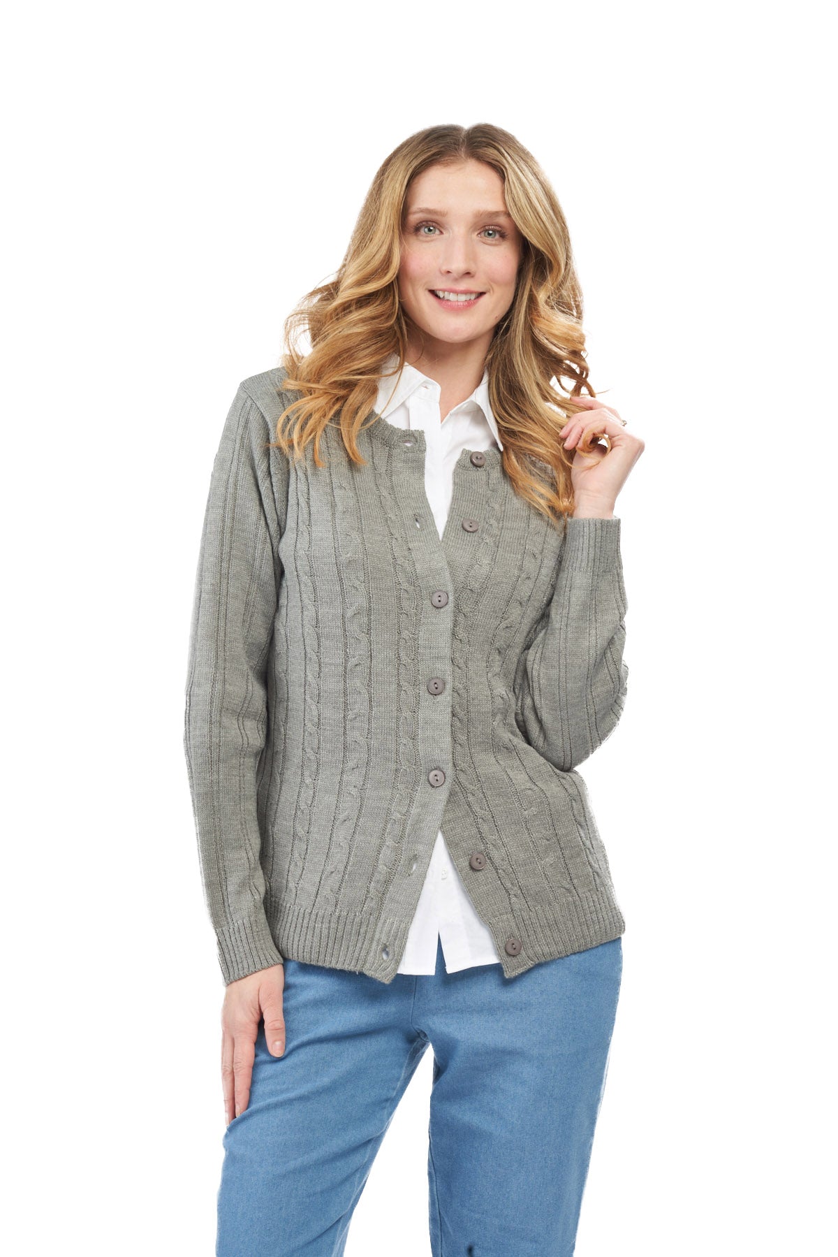 Cárdigan clásico de punto trenzado con botones para mujer de acrílico suave