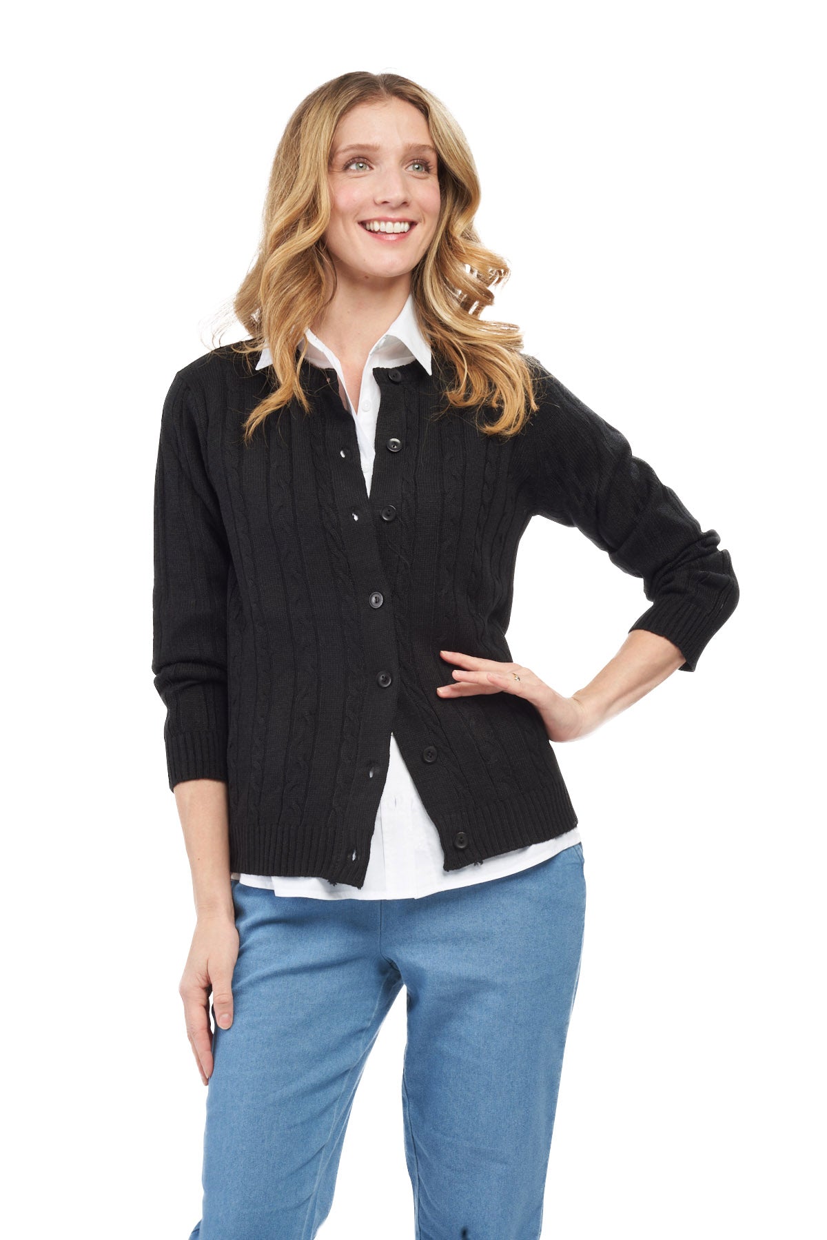 Cárdigan clásico de punto trenzado con botones para mujer de acrílico suave