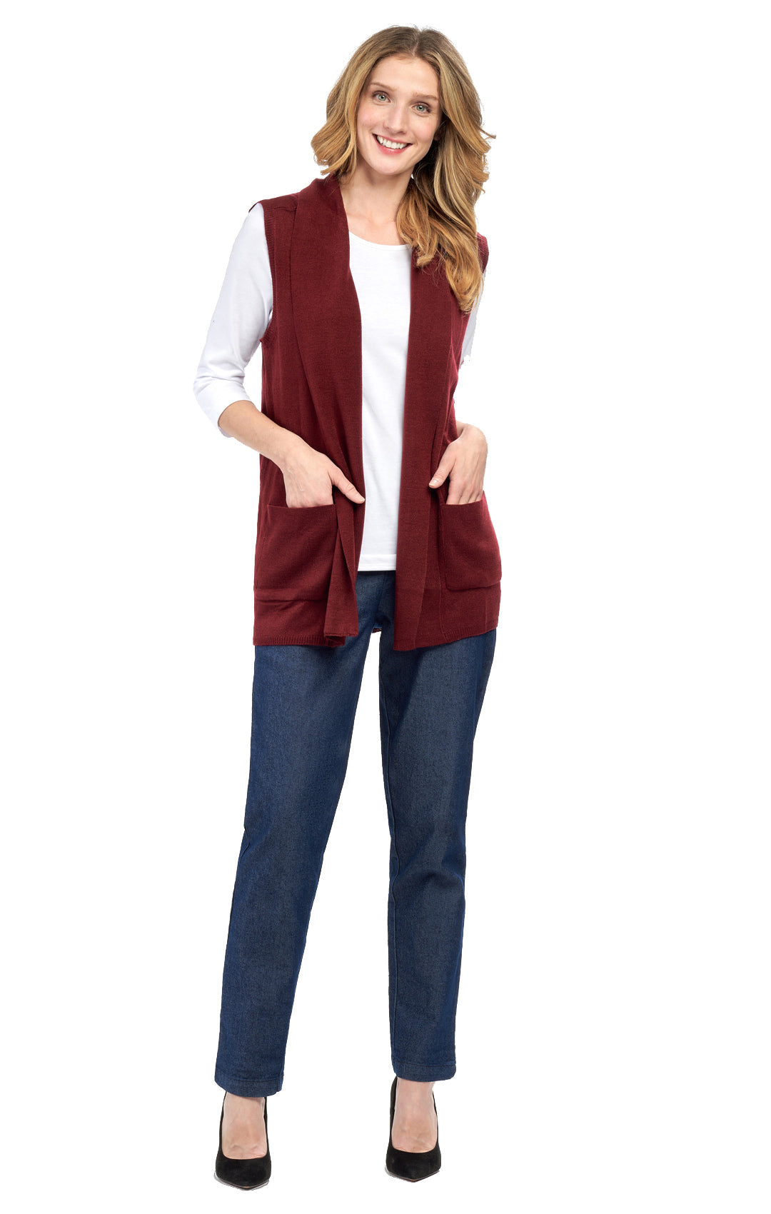 Chaleco largo sin mangas con cuello chal y frente abierto para mujer