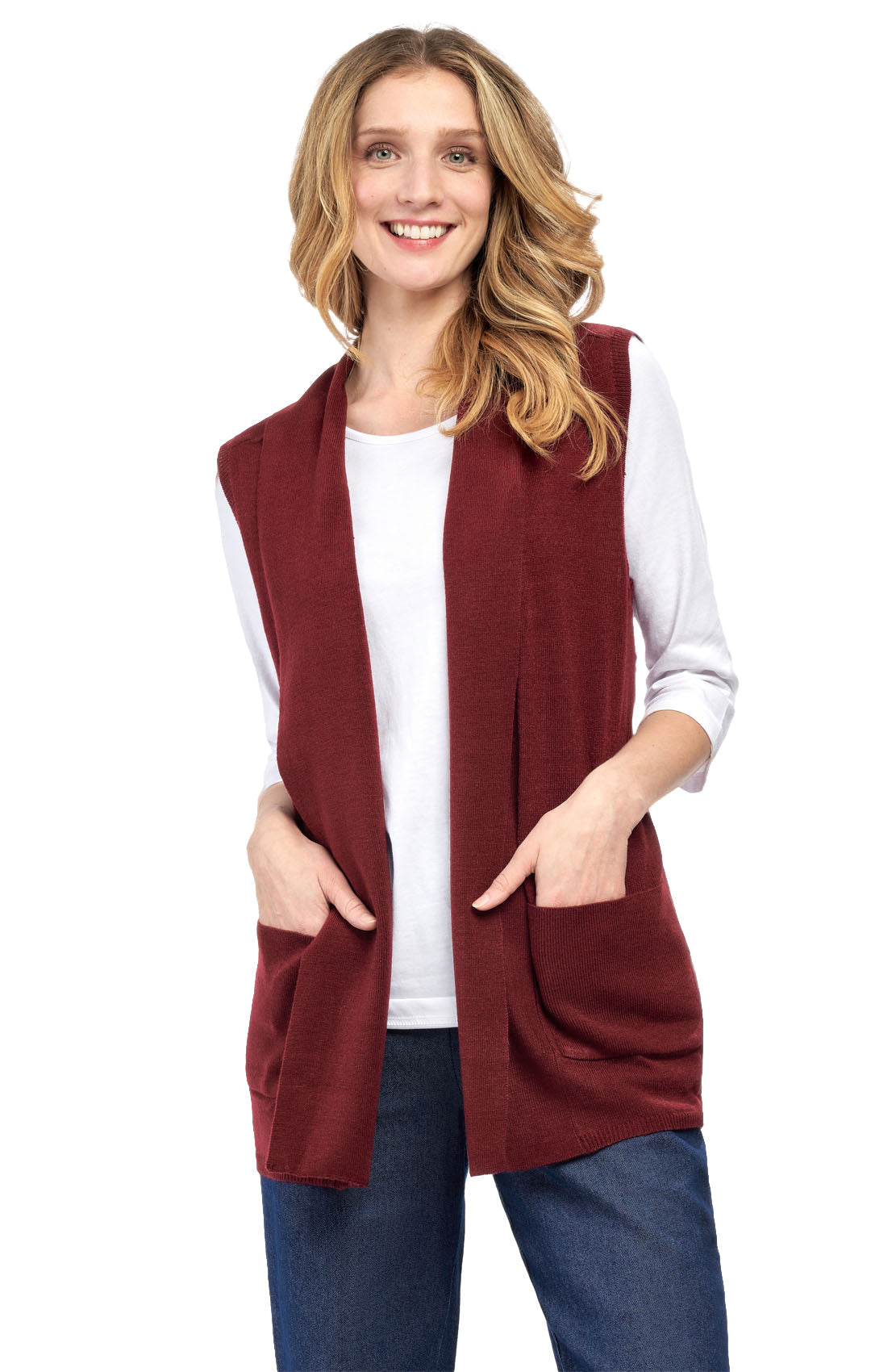 Chaleco largo sin mangas con cuello chal y frente abierto para mujer