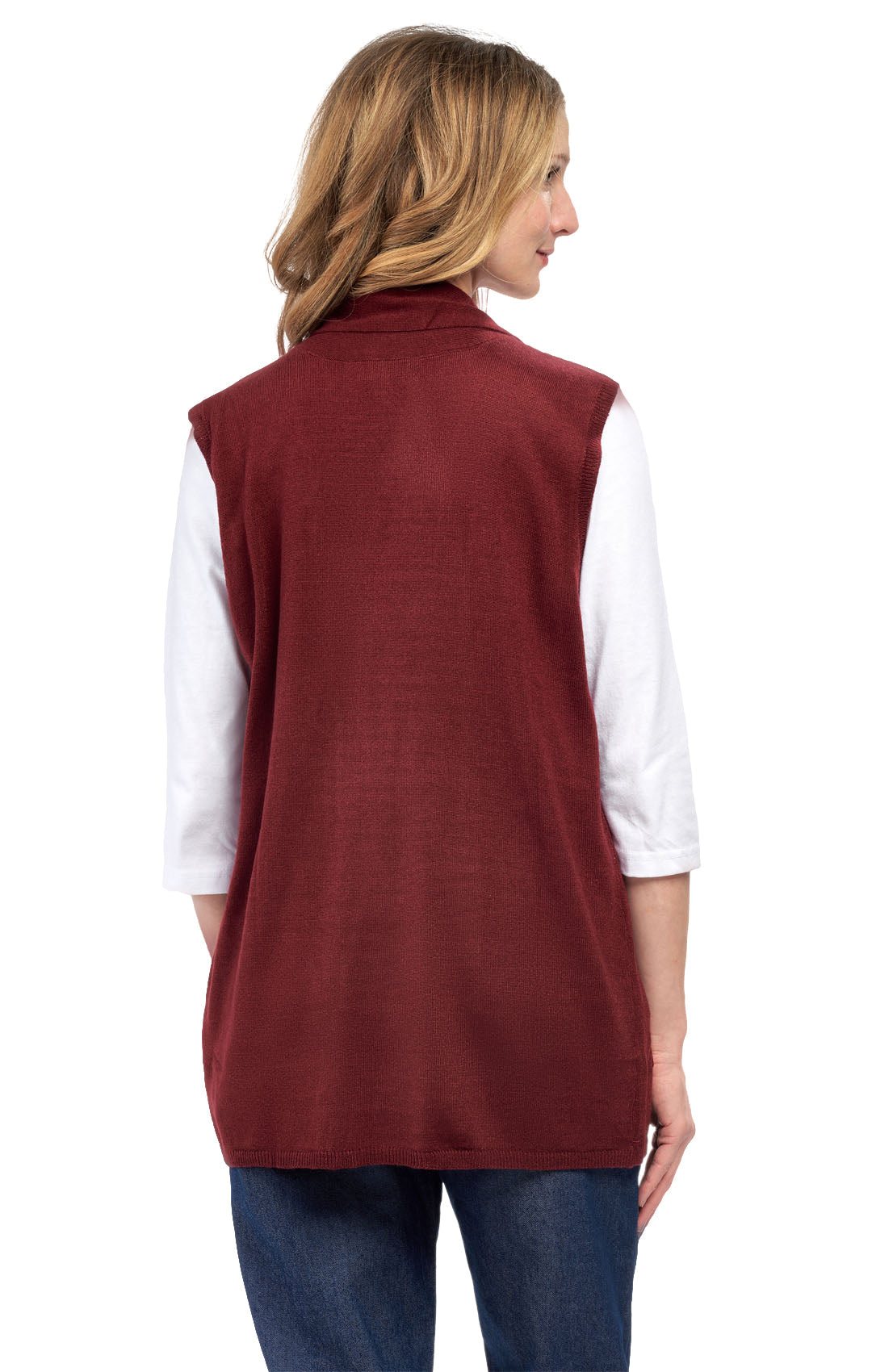 Chaleco largo sin mangas con cuello chal y frente abierto para mujer