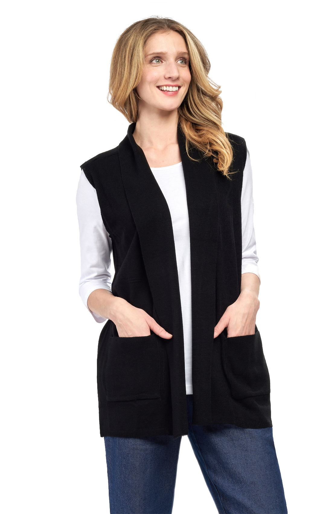 Chaleco largo sin mangas con cuello chal y frente abierto para mujer