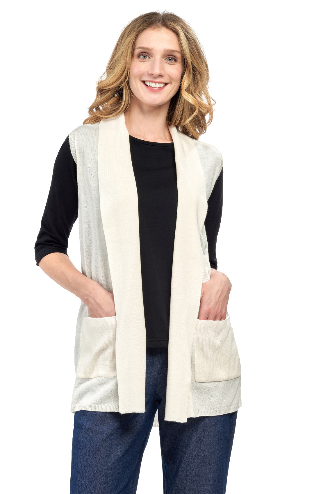 Chaleco largo sin mangas con cuello chal y frente abierto para mujer