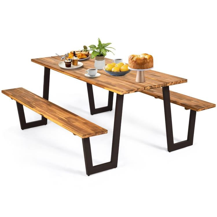 Mesa de pícnic de madera moderna con 2 bancos, juego de comedor para patio exterior