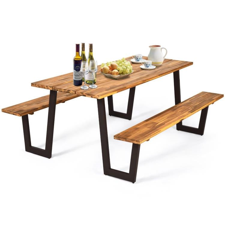 Mesa de pícnic de madera moderna con 2 bancos, juego de comedor para patio exterior