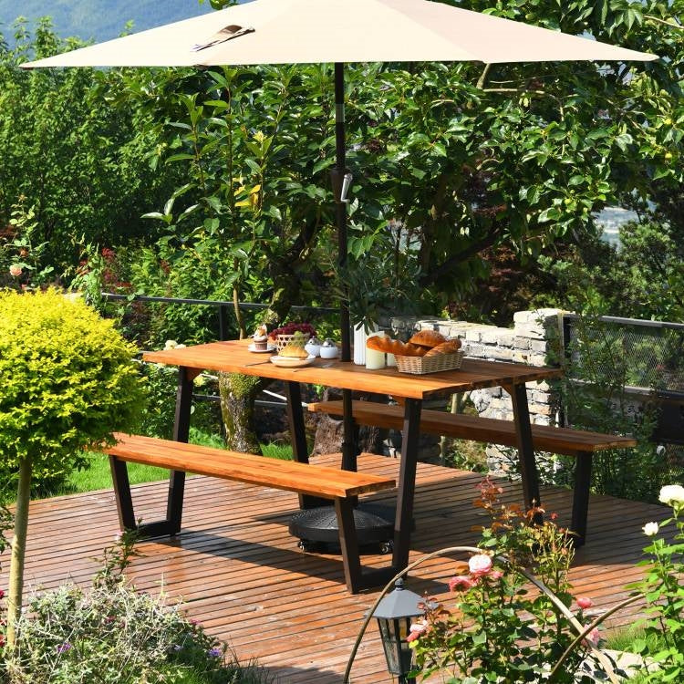 Mesa de pícnic de madera moderna con 2 bancos, juego de comedor para patio exterior