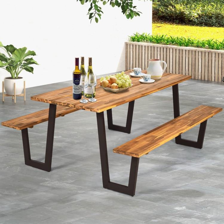 Mesa de pícnic de madera moderna con 2 bancos, juego de comedor para patio exterior