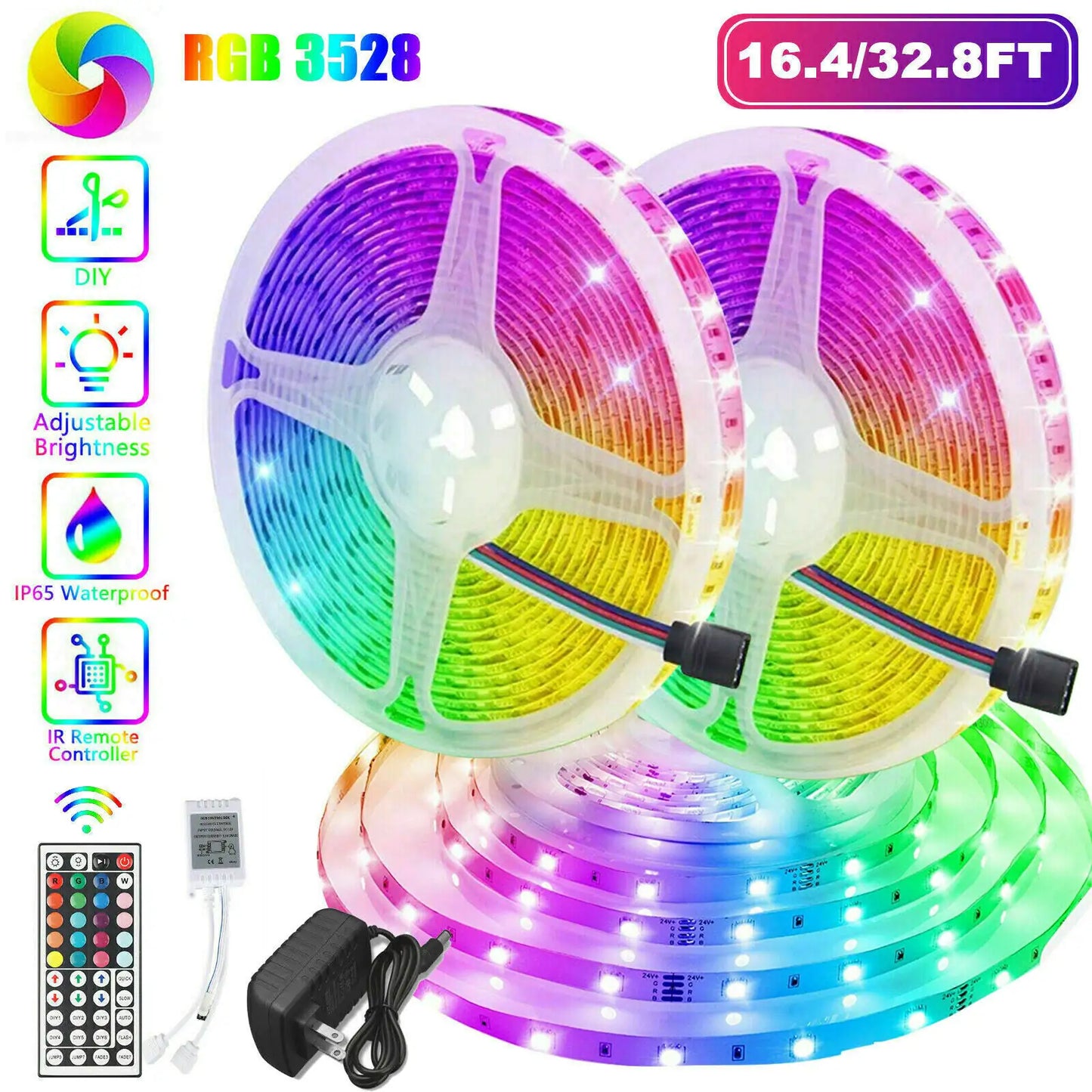 Tira de luces LED SMD flexible de 32 pies 3528 RGB con control remoto para habitación, TV, fiestas, bar