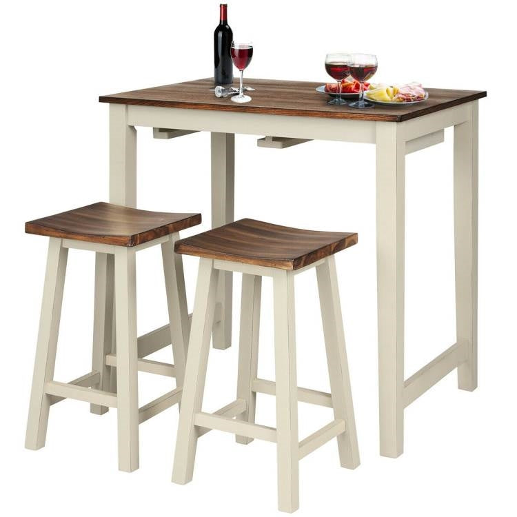 Juego de mesa de pub de cocina de altura de mostrador de 3 piezas estilo rústico con 2 taburetes de barra tipo silla de montar