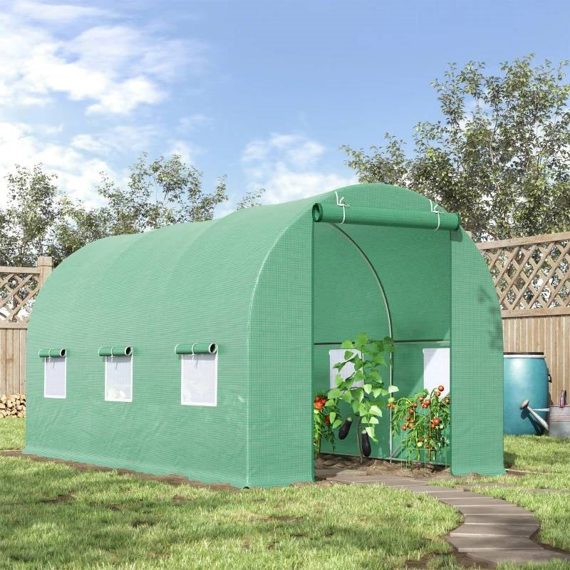 Invernadero exterior de 4.4 x 1.9 metros con cubierta de PE verde y estructura de acero resistente