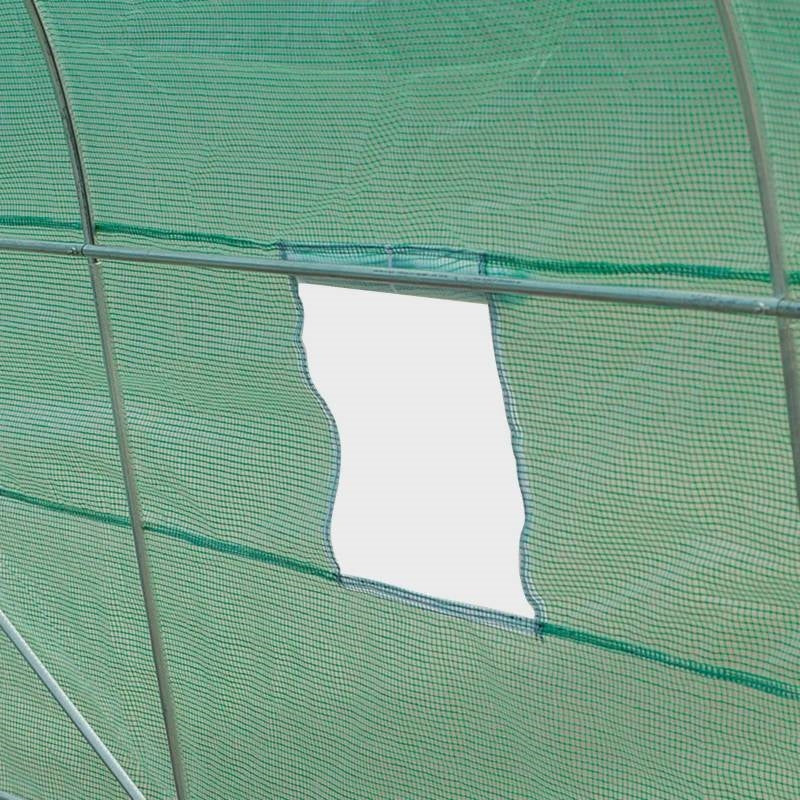 Invernadero exterior de 4.4 x 1.9 metros con cubierta de PE verde y estructura de acero resistente