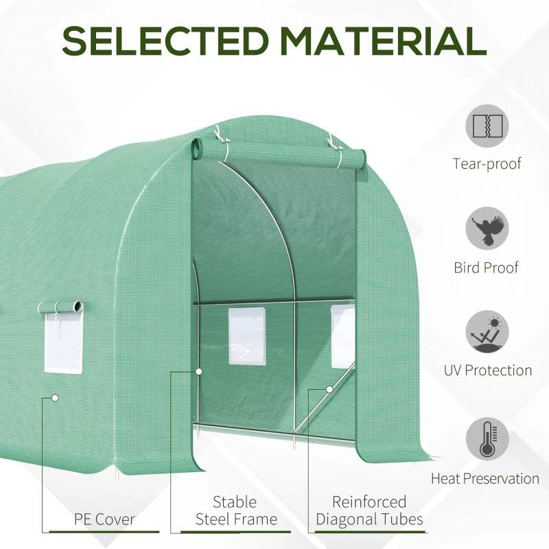 Invernadero exterior de 4.4 x 1.9 metros con cubierta de PE verde y estructura de acero resistente