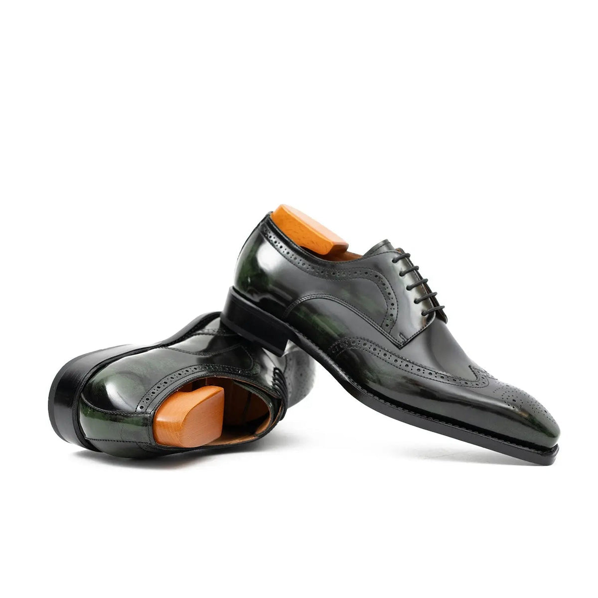 Green Wingtip Cow Leather Derby Shoes