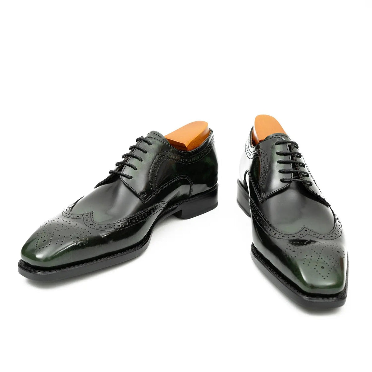 Green Wingtip Cow Leather Derby Shoes
