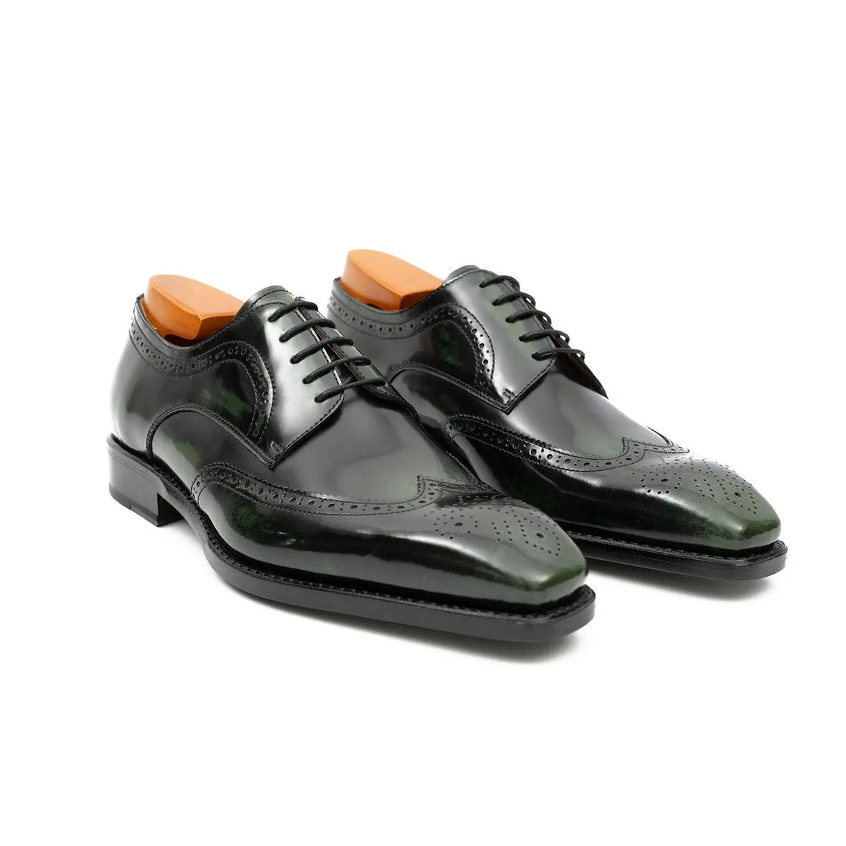 Green Wingtip Cow Leather Derby Shoes