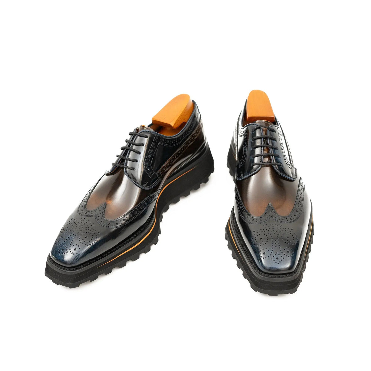 Blue-Brown Wingtip Calf Leather Derby Shoes