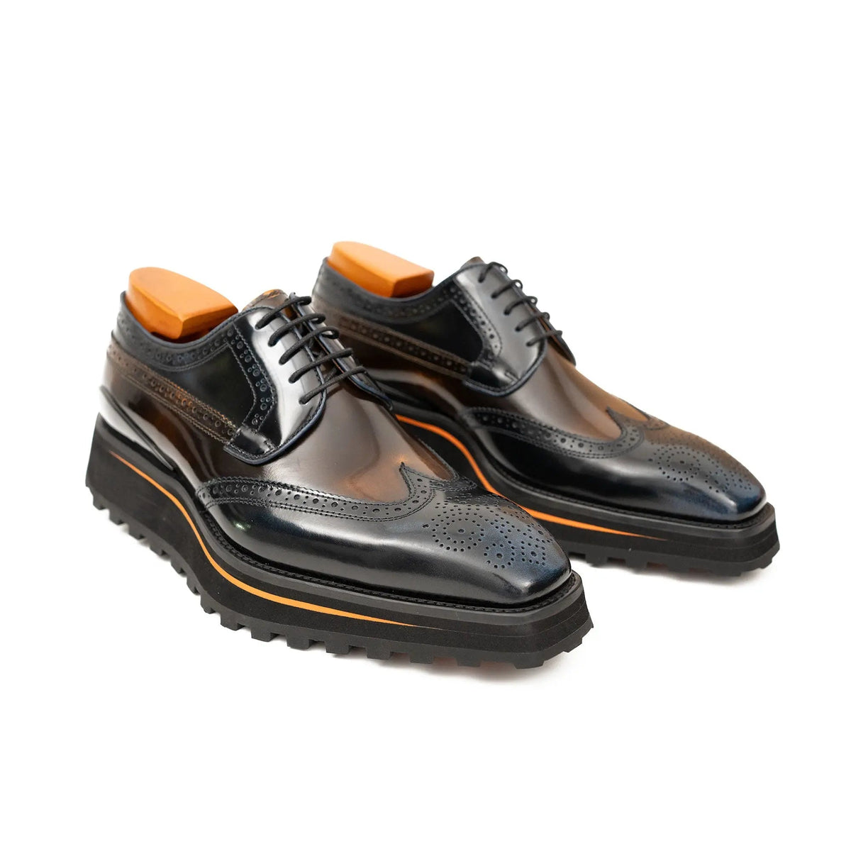 Blue-Brown Wingtip Calf Leather Derby Shoes