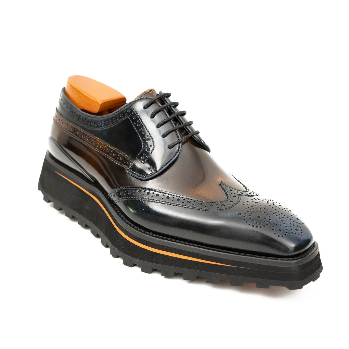 Blue-Brown Wingtip Calf Leather Derby Shoes