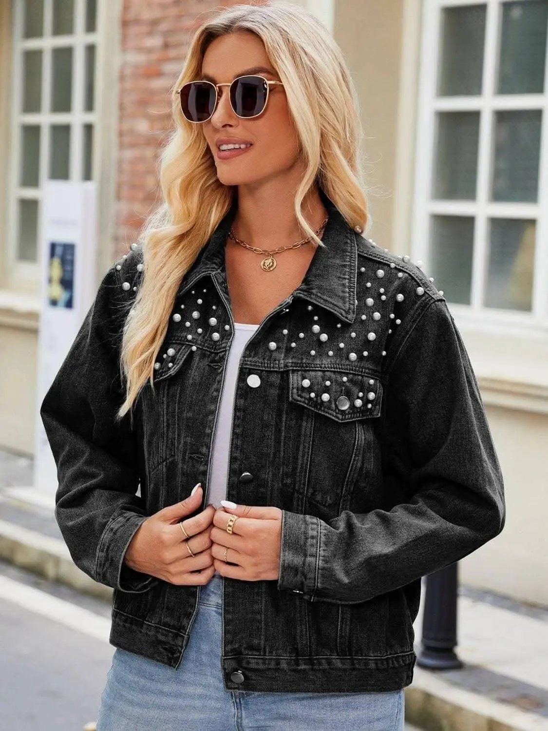Trendsi Denim Jacket Pearl Wash With Pockets — Casual Outerwear