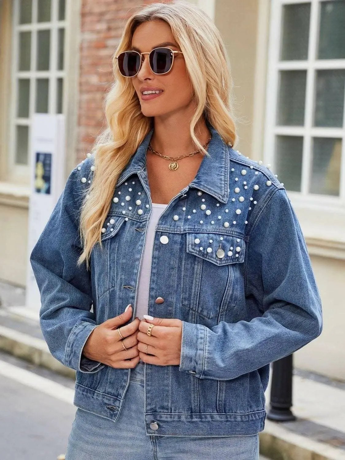 Trendsi Denim Jacket Pearl Wash With Pockets — Casual Outerwear