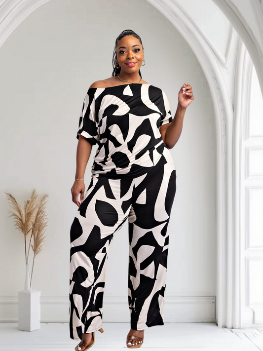 Conjunto de pantalón de talla grande Lori Print en blanco y negro con bolsillos