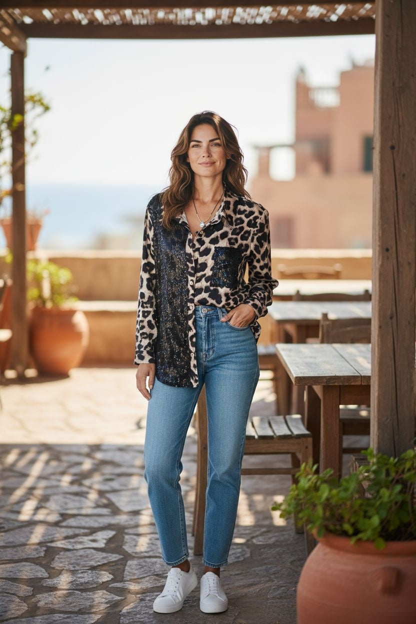Blusa con botones de lentejuelas con estampado de leopardo – Top glamuroso de manga larga