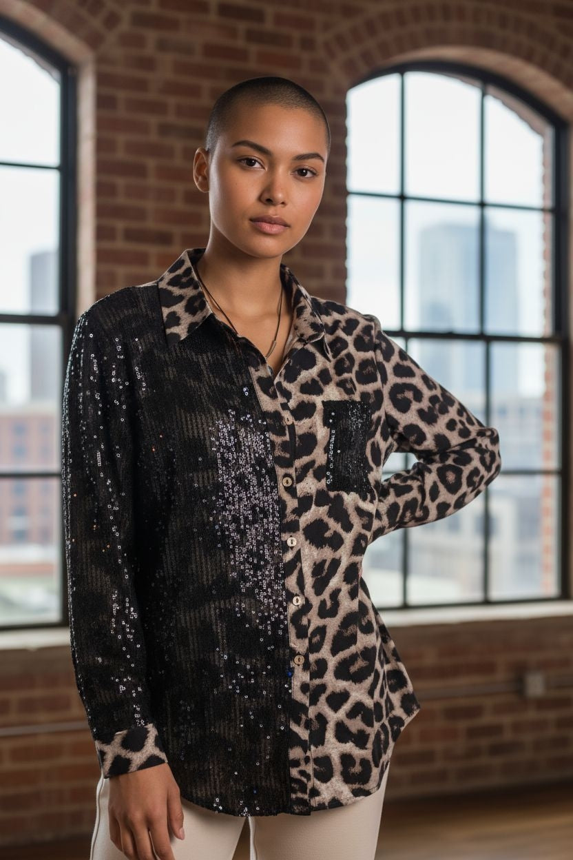 Blusa con botones de lentejuelas con estampado de leopardo – Top glamuroso de manga larga