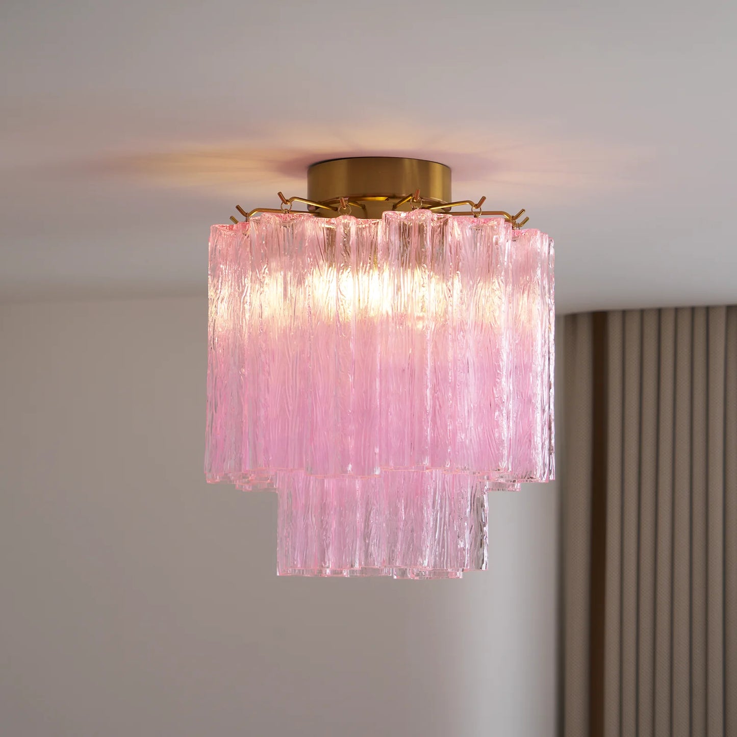 Lámpara de techo de tubos de cristal rosa de Murano
