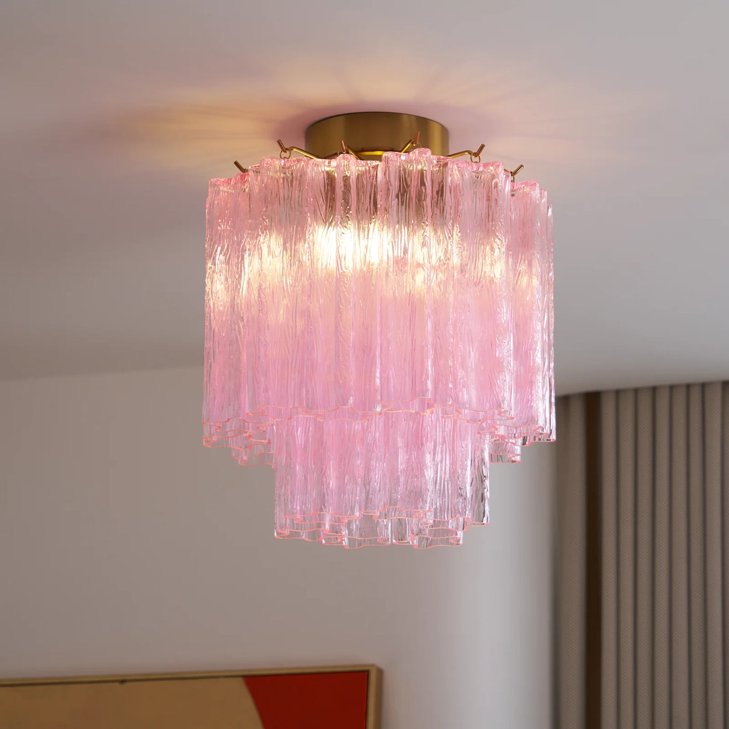 Lámpara de techo de tubos de cristal rosa de Murano