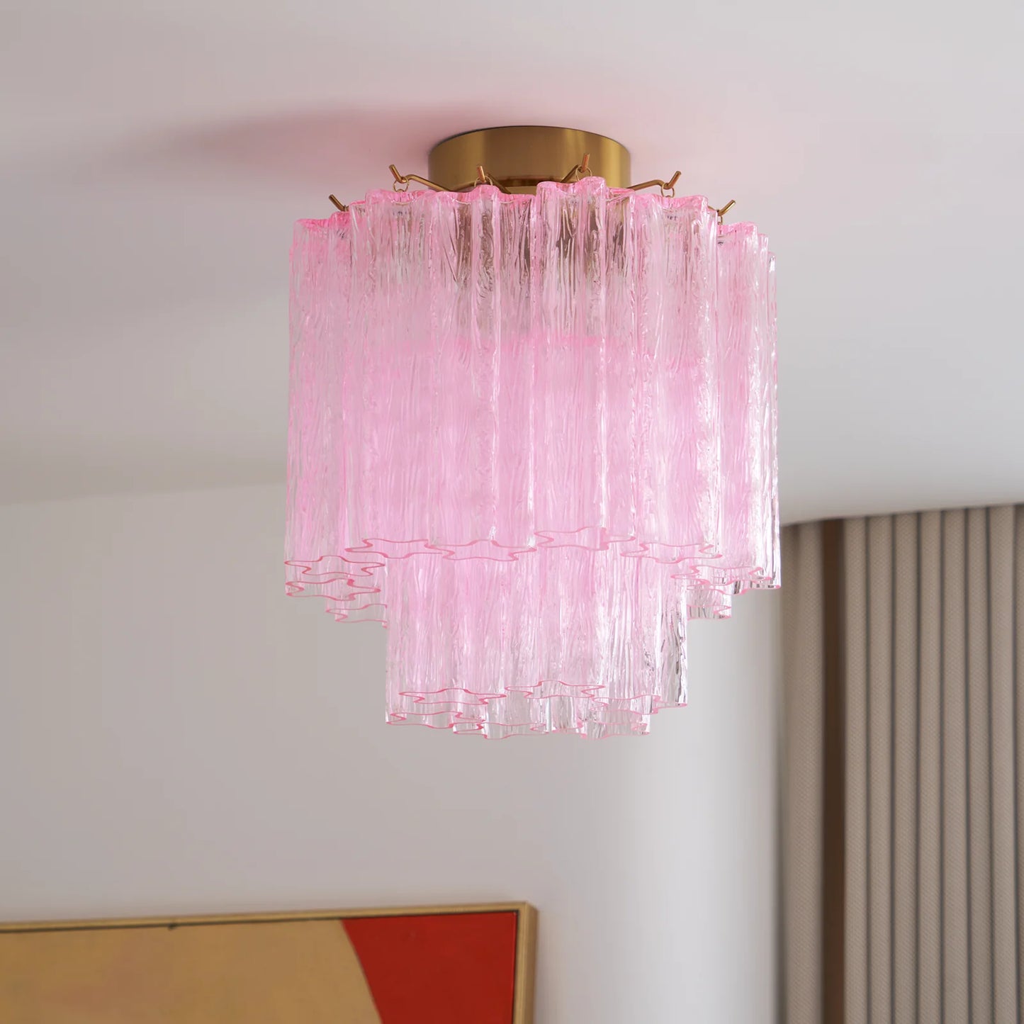 Lámpara de techo de tubos de cristal rosa de Murano