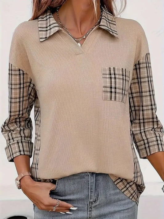 Camisetas Trendsi Camiseta casual a cuadros con cuello Johnny para mujer - Diseño elegante, top a la moda