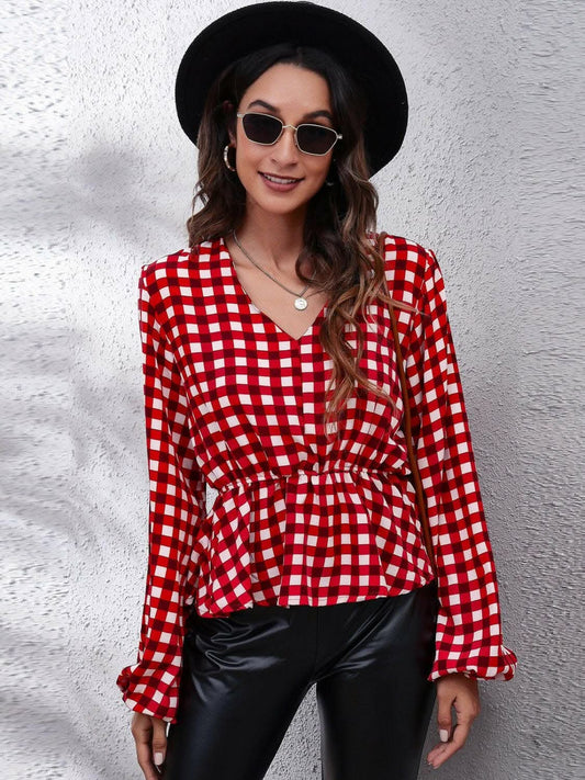 Blusa Peplum para Mujer - Cuadros Escoceses Cuello V - Estilo Peplum
