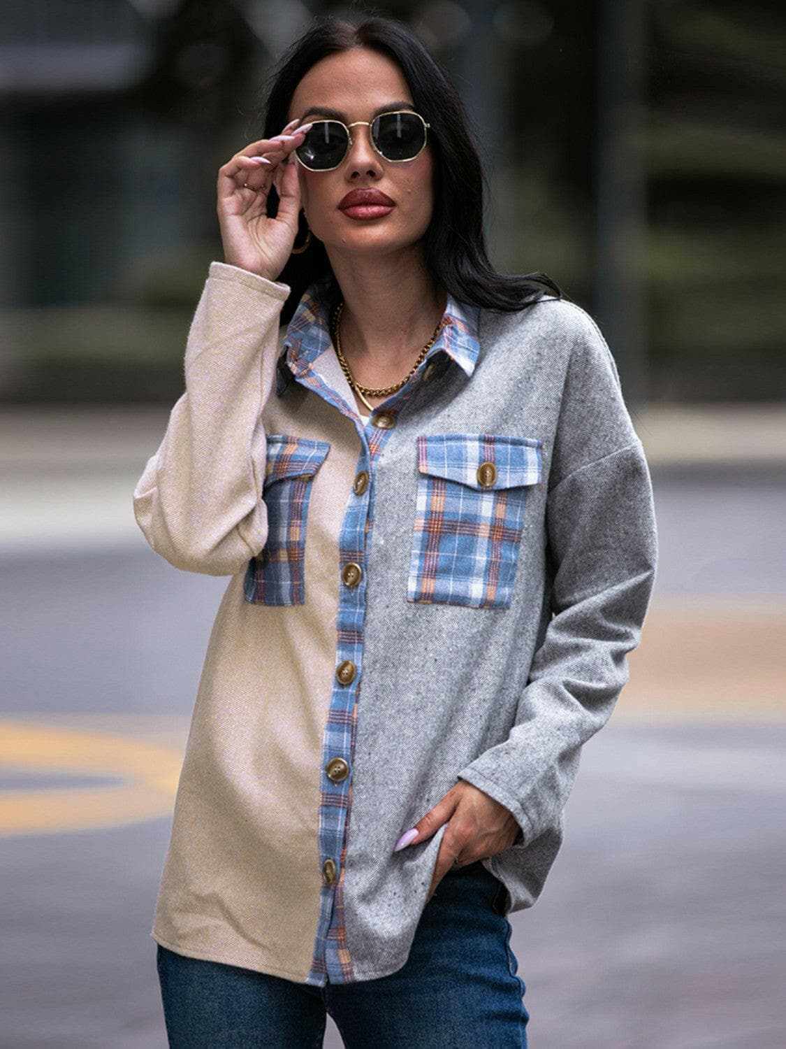 Accessories Trendsi Chaqueta extragrande de tartán con hombros caídos