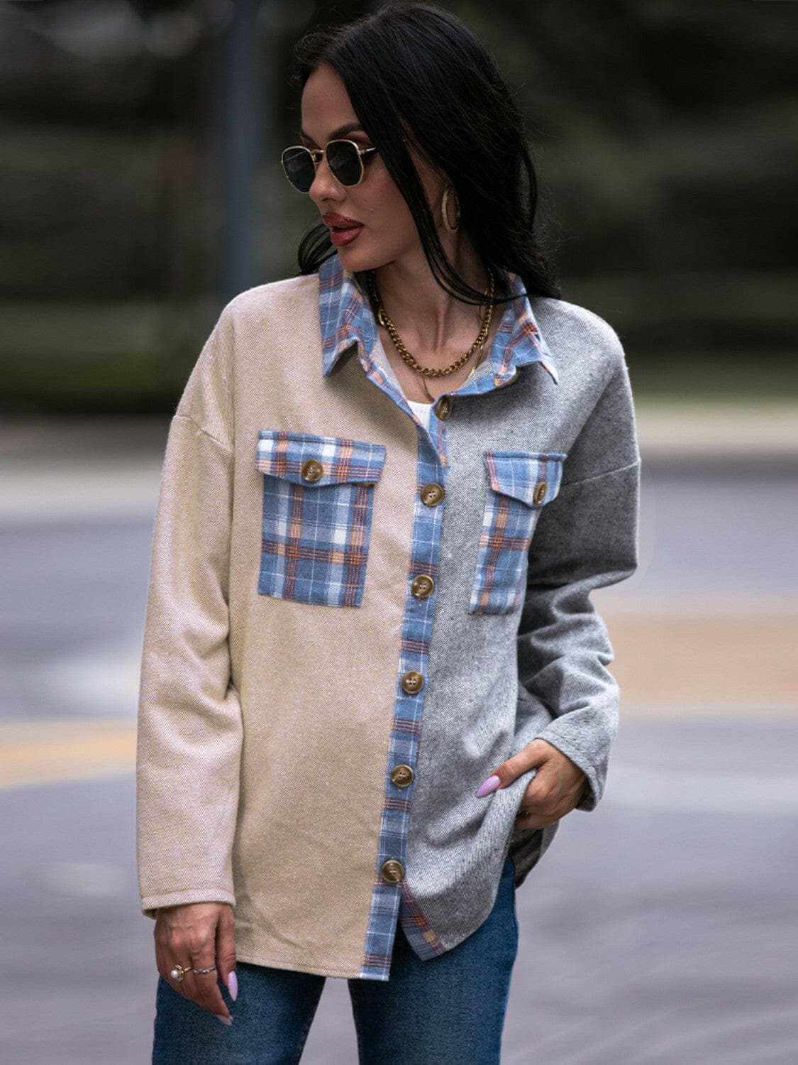 Accessories Trendsi Chaqueta extragrande de tartán con hombros caídos