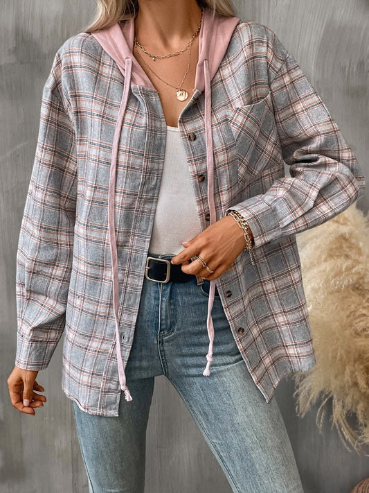 Jackets Trendsi Chaqueta a cuadros con capucha y bolsillos