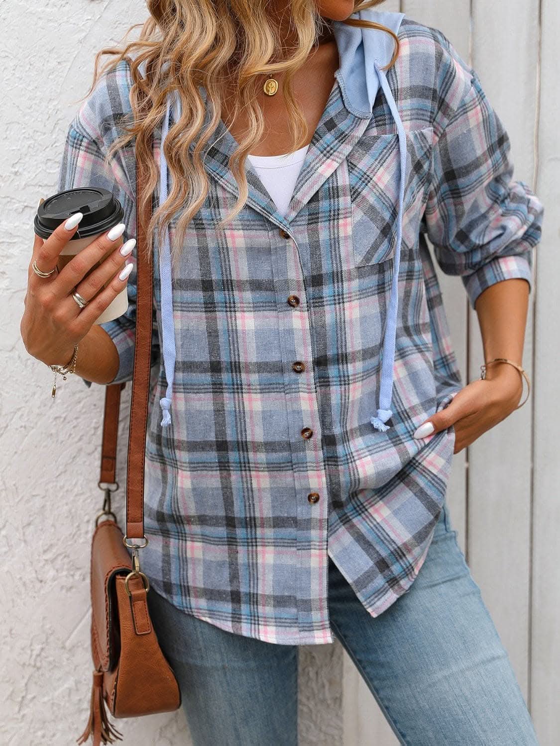 Jackets Trendsi Plaid hooded jacket with pockets
