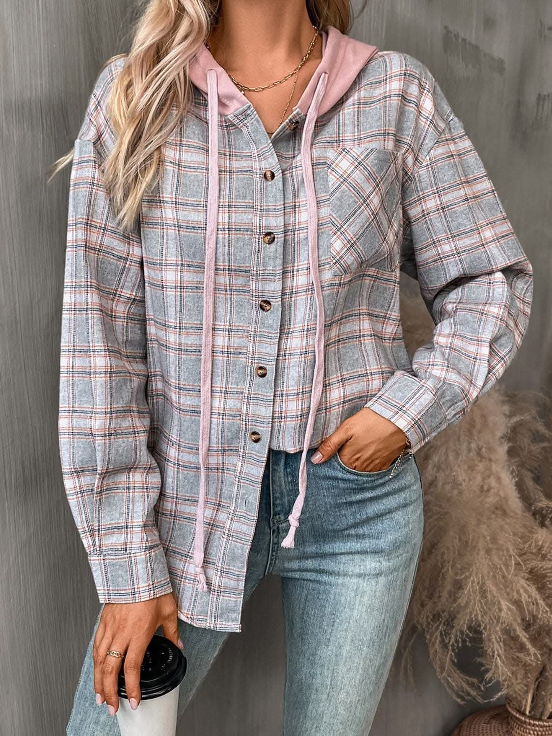 Jackets Trendsi Plaid hooded jacket with pockets
