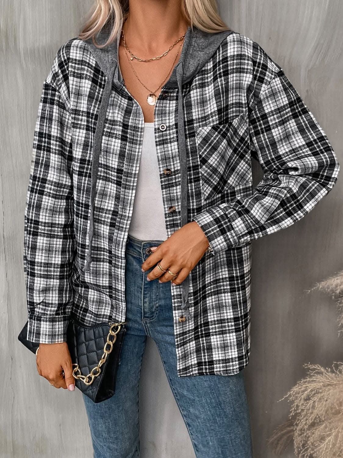 Jackets Trendsi Plaid hooded jacket with pockets