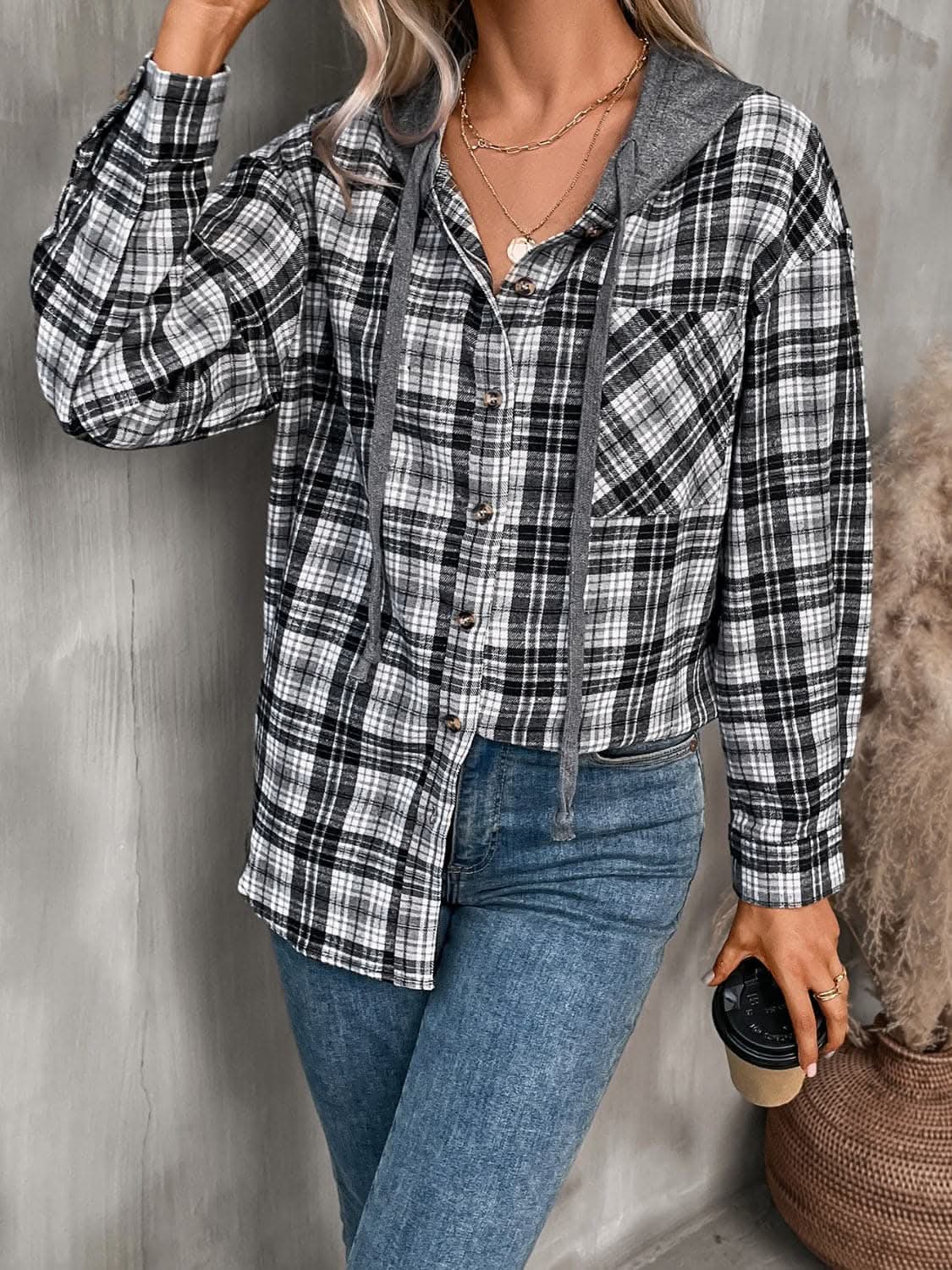 Jackets Trendsi Plaid hooded jacket with pockets