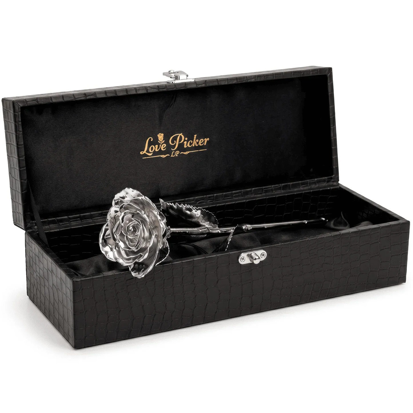 Platinum Dipped Natural Rose 11.5" - Black Luxe Vegan Leather Gift Box