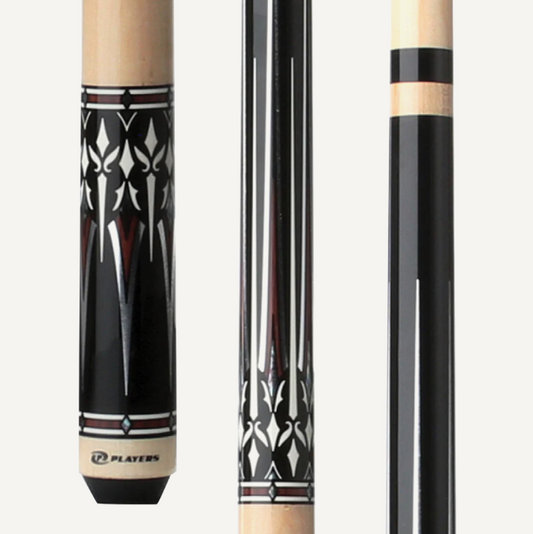 Players Midnight Black con Cocobolo con acentos gráficos de plata y nácar, mango Natural Birdsye, taco sin envoltura