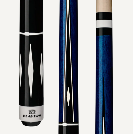 Taco de billar Players Deep Blue Maple con 4 incrustaciones de punta en blanco y negro, diamantes blancos y empuñadura sintética negra