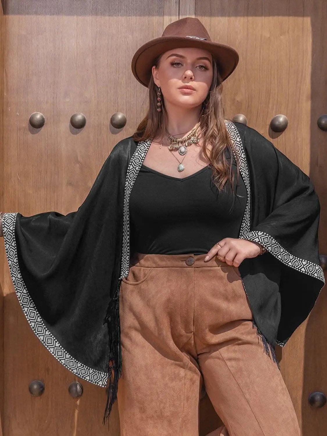 Sweaters Trendsi Plus size geometric fringe cardigan