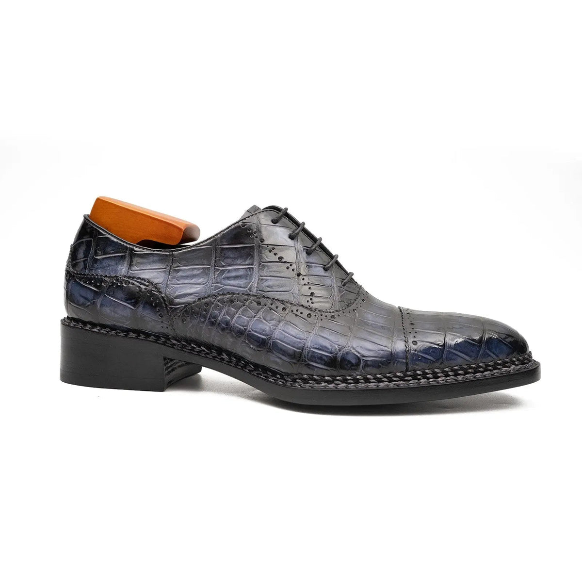 Blue Cap-Toe Crocodile Leather Oxford Shoes