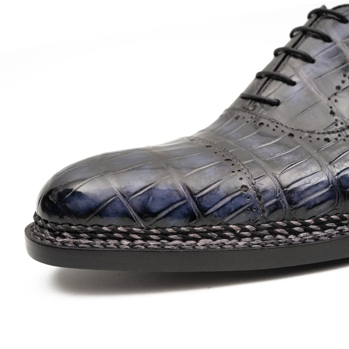 Blue Cap-Toe Crocodile Leather Oxford Shoes