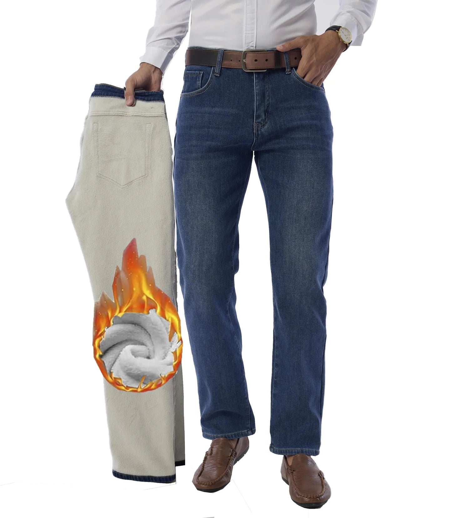 Fakanhui Mens Fleece Lined Jeans Winter Thermal Flannel Lined Jean Business Casual Dress Work Denim Jean Classic Blue